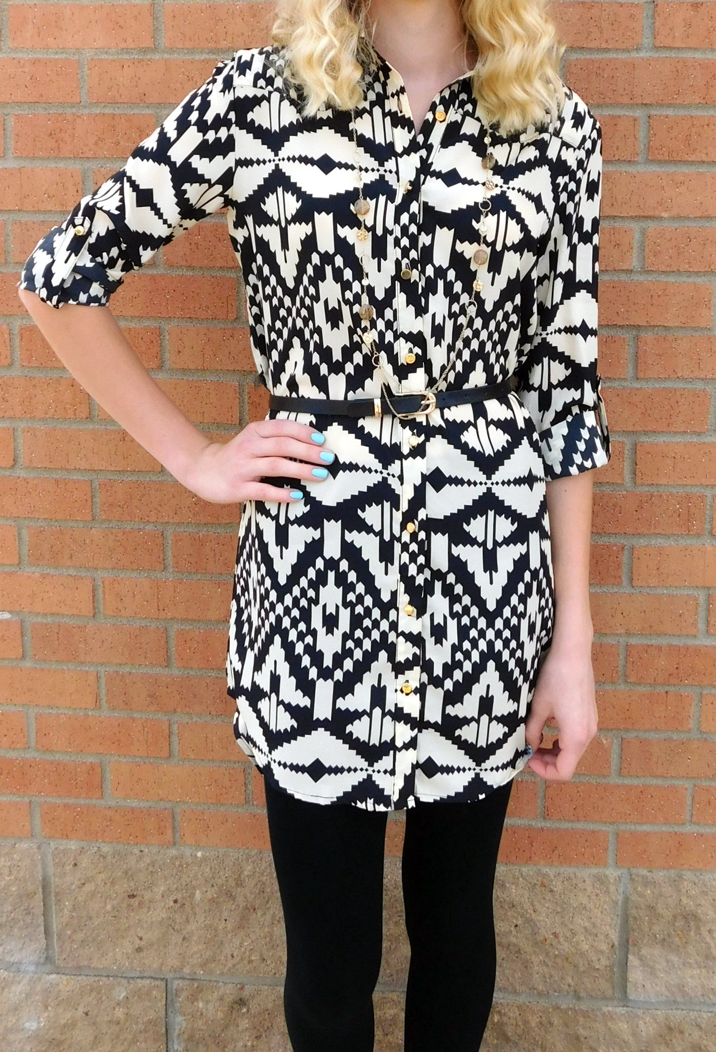 Timing Button Up Tribal Print Dress Black & Cream All Dec'd Out All