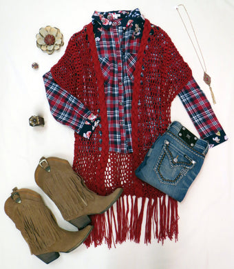 Umgee | Crochet Knit Fringe Kimono Red