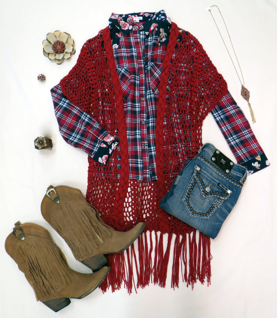 Umgee | Crochet Knit Fringe Kimono Red