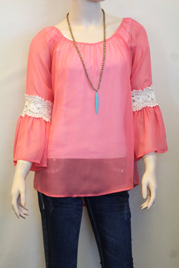 Vanilla Bay | Chiffon Top with Lace Peach