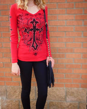 Vocal | Red Long Sleeve with Cross, and Rhinestones - All Decd Out