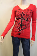 Vocal | Red Long Sleeve Thermal with Cross and Rhinestones Top