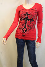 Vocal | Red Long Sleeve Thermal with Cross and Rhinestones Top