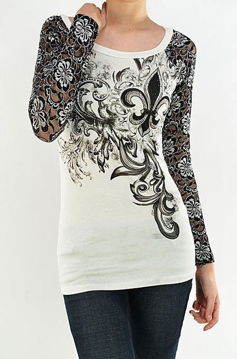 Vocal | White and Black Lace Long Sleeve with Embellished Fleur De Lis Top
