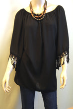 Yahada | Off The Shoulder Tunic with Crochet Fringe Black