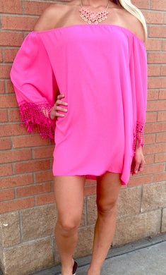 Yahada | Off The Shoulder Tunic with Crochet Fringe Fuchsia